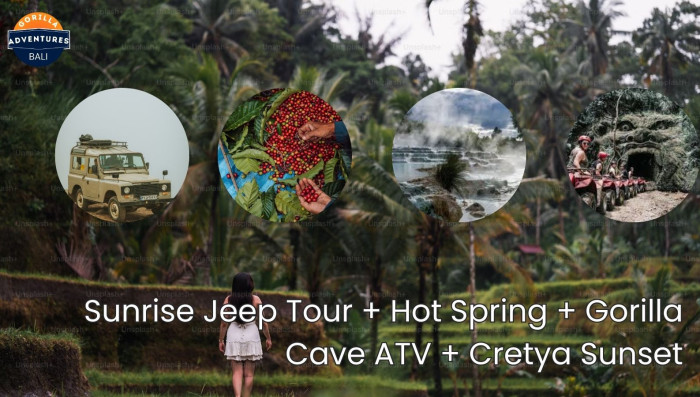 Batur Sunrise Jeep Tour with Hot Spring Gorilla Cave ATV and Cretya Sunset